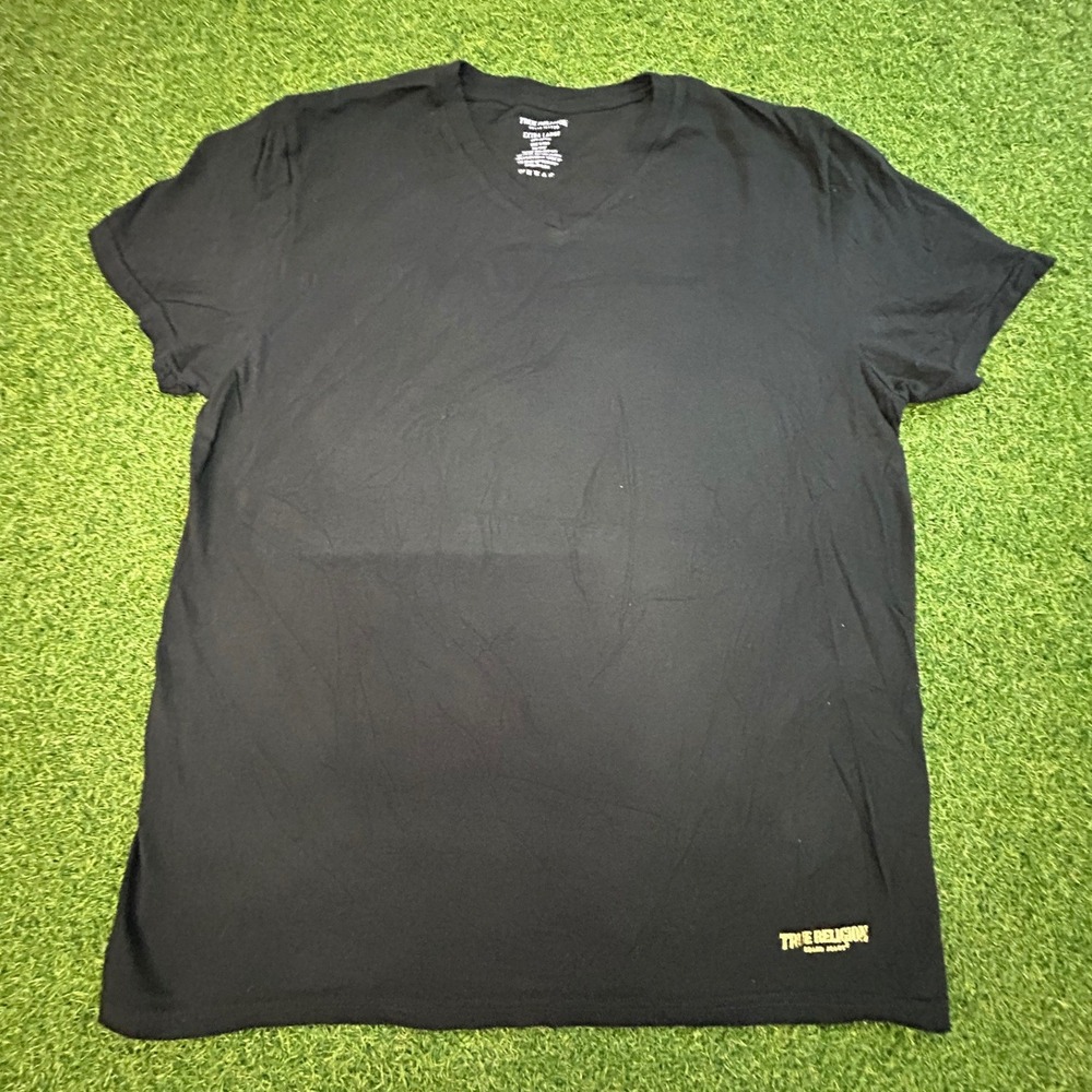 True Religion Mens V-Neck T-Shirt Black Gold Logo Cotton Short Sleeve XL